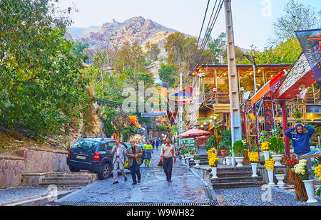 TEHRAN, IRAN - OCTOBER 25, 2017: Darband is popular recreational zone and resort in Tochal mountains with many cafes, restaurants and other attraction Stock Photo