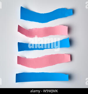 pink and blue torn strips of paper on a white background, flat lay Stock Photo