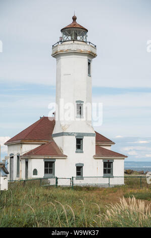 Abandoned lighthouse station at Ford Worden State Park.  Olympic Peninsula area town of Port Townsend.  Washington State, USA. Stock Photo