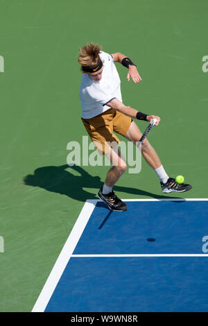 Cincinnati, OH, USA. 15th Aug, 2019. Western and Southern Open Tennis, Cincinnati, OH; August 10-19, 2019. Andrey Rublev plays a ball against opponent Roger Federerduring the Western and Southern Open Tennis tournament played in Cincinnati, OH. Rublev won 6-3 6-4. August 15, 2019. Photo by Wally Nell/ZUMAPress Credit: Wally Nell/ZUMA Wire/Alamy Live News Stock Photo