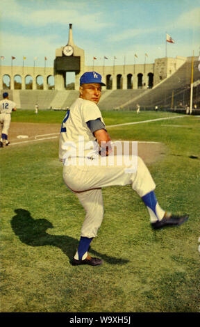 Pitcher Johnny Padres in vintage Los Angeles Dodgers souvenir postcard photo at the Memorial Coliseum in Los Angeles, CA circa 1959 Stock Photo