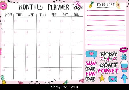 Monthly planner page template with cute elents and stickers Stock Vector