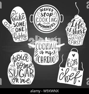 Set of funny hand drawn kitchen and cooking quotes. Stock Vector
