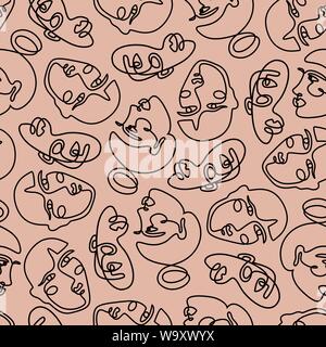 Seamless pattern, faces of girls on a white background. Doodle