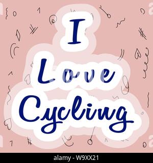Blue text - I Love Cycling. White contour cloud behind. Light pink background. Chaotic doodles. Bicycle print, bike wall art decor. Gift idea for bike Stock Vector