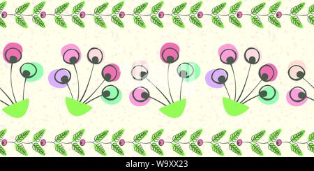 Linocut style border with pink, blue flowers and green leaves. Seamless vector pattern on cream transparent terrazzo background. Great for wellbeing Stock Vector