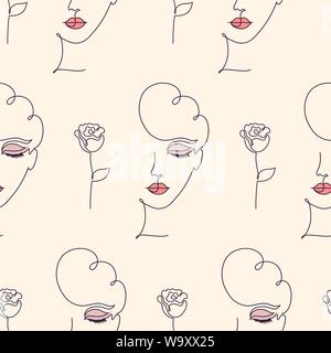 Seamless pattern with woman face and rose on pale background Stock Vector