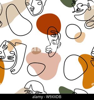 Continuous line face women seamless pattern - Modern abstract faces - Vector Endless pastel Background Fashion Female Portrait one line Stock Vector