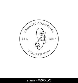 Organic cosmetics Logo In minimalist style. Vector Round Emblem beauty salon. One Line Portrait of a Female. Woman face on circle badges Stock Vector