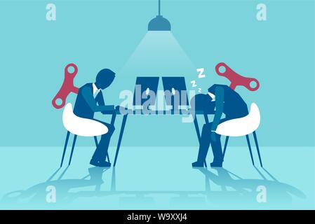 Vector of two business men sitting at table, one running low on energy falling asleep at workplace the other one working efficiently on computer Stock Vector