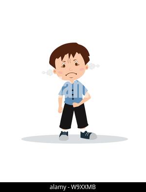 Vector of an angry boy expressing frustration and frowning isolated on white background. Stock Vector