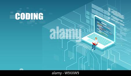 Vector of programmer man coding using computer, sitting on a laptop. Stock Vector