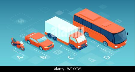 Vector of a motorcycle, car, truck and bus in a row, showing categories of drivers license Stock Vector