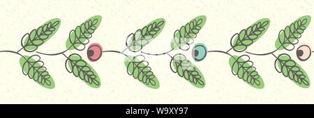 Simple linocut style border with berries and leaves. Seamless vector pattern on cream transparent terrazzo background. Great for wellbeing, beauty Stock Vector