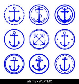 Set of nine anchor signs in circles vector illustration. Sailing and navy symbols. Maritime signs. Nautical equipment. Stock Vector