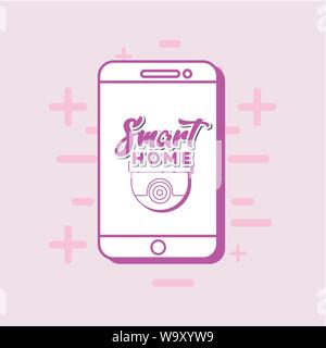 smart home design with smartphone and camera icon over pink background, colorful line design. vector illustration Stock Vector