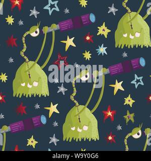 Cute cartoon vector seamless pattern with cute green monsters looking into a telescope in a flat style. Stock Vector