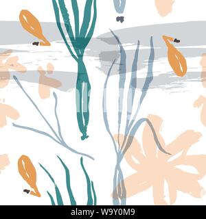 Abstract natural seamless pattern. Hand drawn with brush and ink. Vector flowers with tropical forest leaves, doodle, grunge texture. Hand painted sca Stock Vector