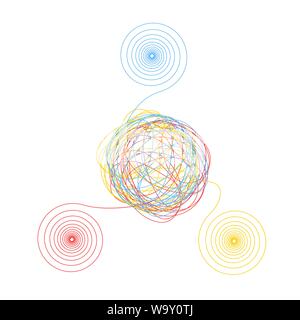 Complicated chaotic clew made of three thin colorful threads isolated on white Stock Vector