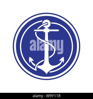 Anchor with rope symbol, negative in navy blue circle Stock Vector