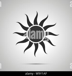 Sun with curved rays, simple black icon with shadow on gray Stock Vector