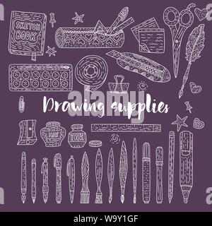 Drawing Accessories Outline Vector Set. Doodle Color Drawing Supplies for  School and Office. Stock Vector - Illustration of pencil, cartoon: 127235845