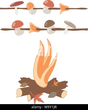 Mushrooms are fried on an autumn fire. Isolated vector image. Eps 10 Stock Vector