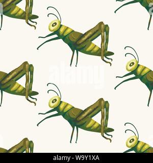 Seamless vector pattern vith cute 3d insect. Illustration with a green garden cartoon grasshopper beetles on a white background. Stock Vector