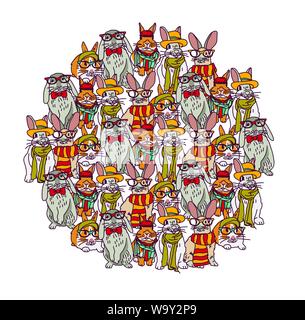 Fashion hipster rabbits group isolate on white Stock Vector