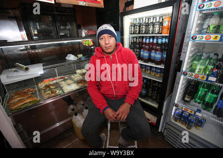 14 August 2019, Argentina, Buenos Aires: Angel is sitting in his grocery store in the Palermo neighborhood. After 14 years, Angel closes his store in 15 days. He used to sell only meat. Since meat prices have risen and consumption has fallen sharply, he is now selling snacks. Argentina is in a severe recession, with 10.1 percent unemployment and over 50 percent inflation. After the election defeat for President Macri's government in the primary elections on 11.08.2019, the stock markets in Buenos Aires collapsed. The leading index S&P Merval lost 35.5 percent. The Argentine peso also broke in. Stock Photo