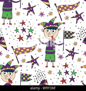 Seamless pattern with masquerade symbols. Mardi gras and birthday party vector illustration. Carnival card with doodle illustrations. Jester boy with Stock Vector
