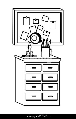 Office and workplace elements cartoons in black and white Stock Vector