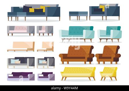 Colored different shape soft and leather sofa and armchairs with cushion icon set. Stock Vector
