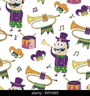 Seamless pattern with masquerade symbols. Mardi gras party vector illustration. Carnival card with doodle illustrations. Man with musical instruments. Stock Vector