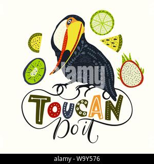 Seamless vector pattern with Tropical Bright Toucan Bird. Folk illustration in Scandinavian style. Summer tropic card. Stock Vector