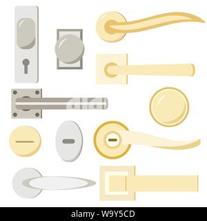 Different form lock metal silver and gold door or window handle set isolated on white background. Stock Vector