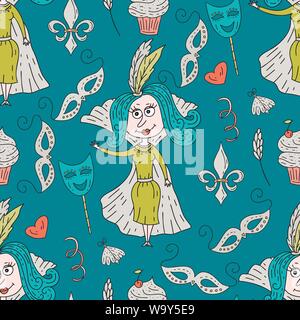 Seamless pattern with masquerade symbols. Mardi gras party vector illustration. Carnival card with doodle illustrations. Woman in a green fancy dress. Stock Vector