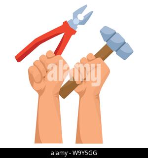 Construction workers hands holding tools Stock Vector