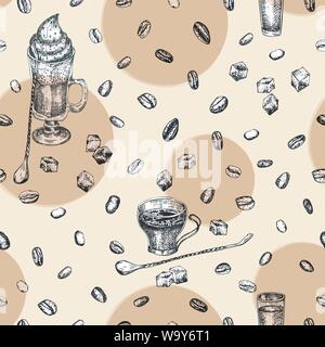 Seamless pattern Vintage hand drawn sketch design bar, restaurant, cafe menu background. Graphic vector art. Irish coffee Creative template for flyer Stock Vector