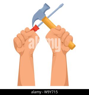 Construction workers hands holding tools Stock Vector