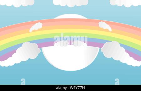 Summer colorful Clouds and Rainbow paper art cut style. Design vector illustration concept with Season summer on sky clear background Stock Vector