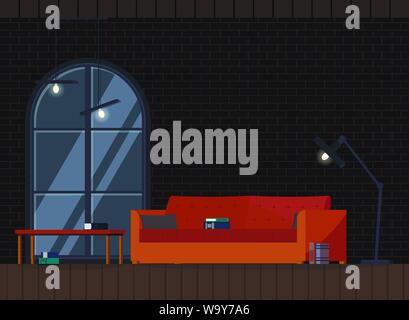 Industrial interior background design modern loft living room. Stock Vector