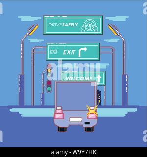 drive safely truck in the road with turn signal and traffic signs vector illustration Stock Vector