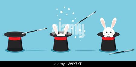 Isolated magician s black hat, magic hat with bunny ears, white rabbit in hat with magic wand. Stock Vector