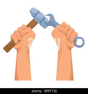 Construction workers hands holding tools Stock Vector