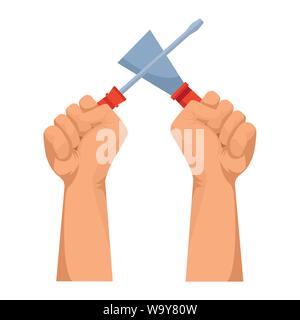 Construction workers hands holding tools Stock Vector