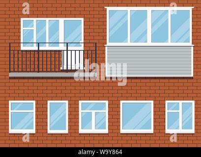 Set of closed plastic pvc windows and a balcony vector illustration. Stock Vector