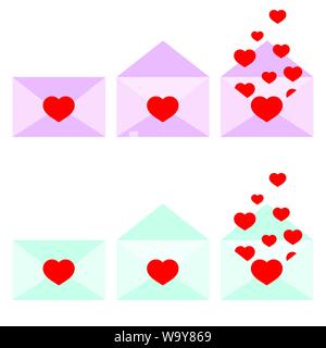 Vector icon of pink and blue romantic opened and closed envelopes set. Stock Vector