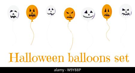 Halloween set of colorful balloons white and orange with scary faces for banner, poster, greeting card or party invitation isolated on white Stock Vector