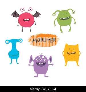 Set of cute different cartoon monsters, elements for your design, prints and banners. Monster colorful collection. Happy Halloween. White background Stock Vector